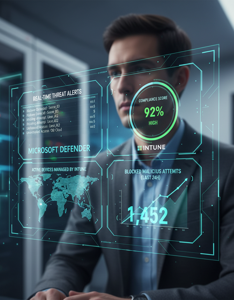 A cybersecurity dashboard displaying threat detection, compliance scores, and device management, with Microsoft Defender and Intune logos subtly integrated. A professional IT administrator is looking at the screen.