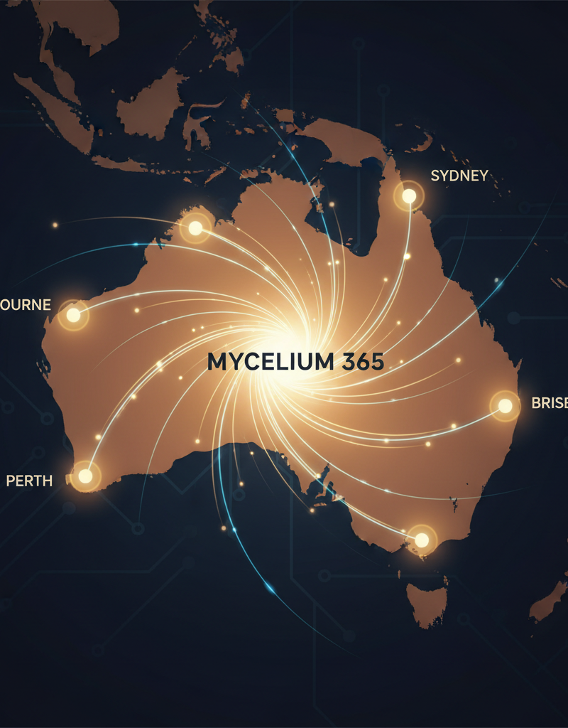 A map of Australia highlighting Melbourne, Sydney, Perth, Brisbane, with connection lines to a central Mycelium 365 support hub, symbolising nationwide managed IT services.