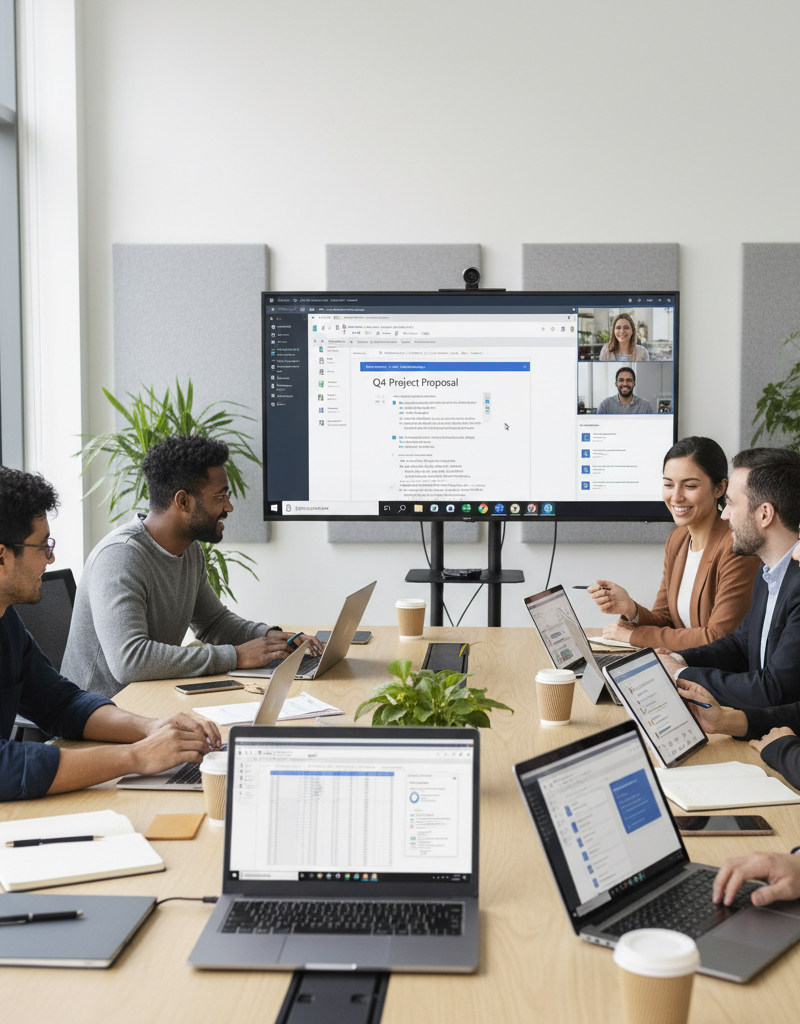 A team collaborating on a shared document in Microsoft Teams, with laptops and tablets displaying various Microsoft 365 applications. The atmosphere is bright and productive.