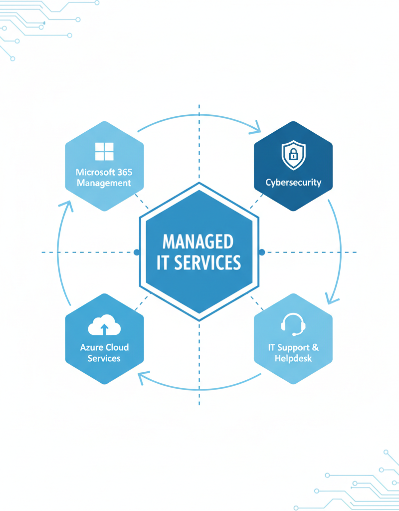 A diagram illustrating the various services offered by a Managed IT Services provider, including Microsoft 365 management, Azure cloud services, cybersecurity, and IT support. The diagram emphasizes the interconnectedness of these services.