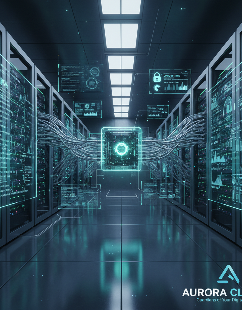 A server room with blinking lights and network cables, representing the infrastructure that supports cloud services and data backup. The image conveys a sense of security and reliability.