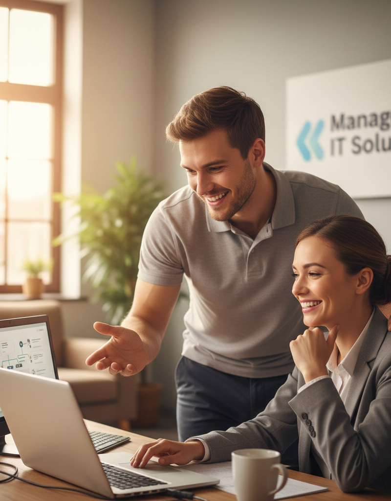 A smiling IT professional assisting a client with their computer, representing the personalized support and expertise provided by a Managed IT Services provider.