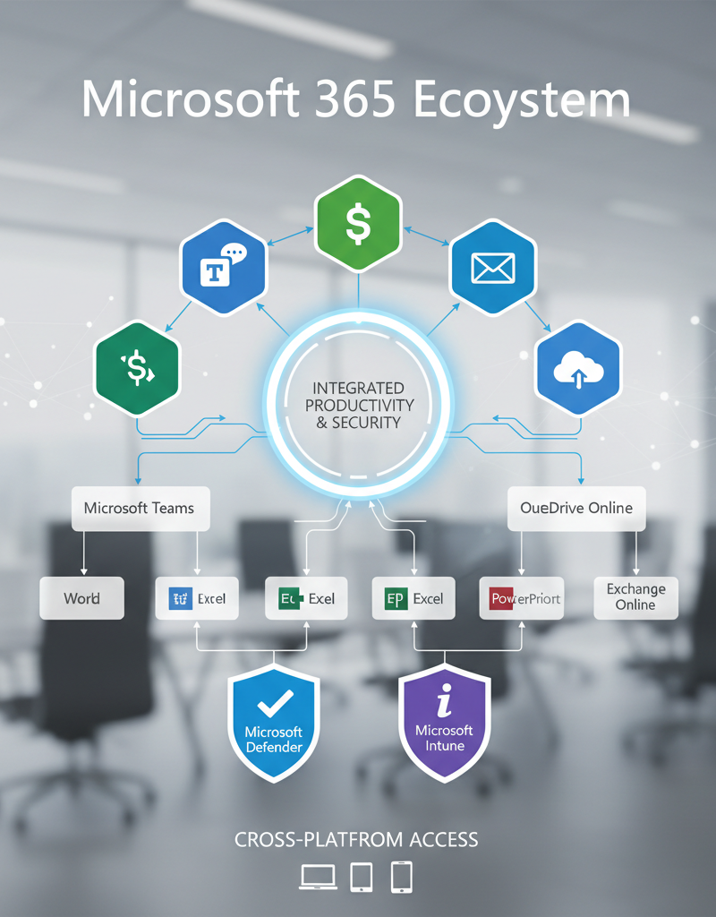 A diagram illustrating the Microsoft 365 ecosystem, highlighting key applications like Teams, SharePoint, Outlook, and OneDrive, as well as security features like Microsoft Defender and Intune. The diagram shows how these components integrate to provide a comprehensive productivity and security solution.