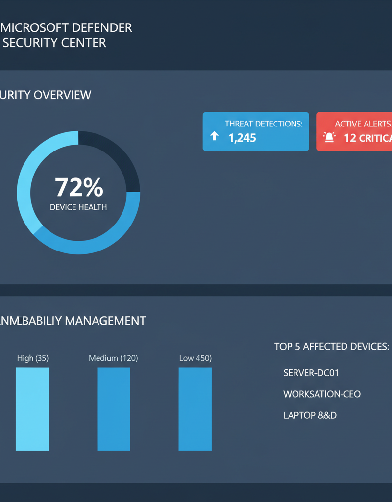A screenshot of the Microsoft Defender dashboard, showing a summary of security threats and alerts. The dashboard displays key metrics such as threat detections, device health, and vulnerability assessments.