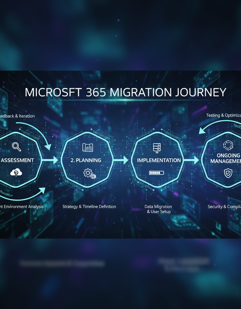 A flowchart illustrating the steps involved in migrating to Microsoft 365, including assessment, planning, implementation, and ongoing management. Each step is clearly defined, with arrows indicating the flow of the process.
