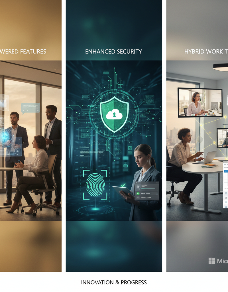 A collage of images representing the future of Microsoft 365, including AI-powered features, enhanced security measures, and tools for hybrid work environments. The collage conveys a sense of innovation and progress.