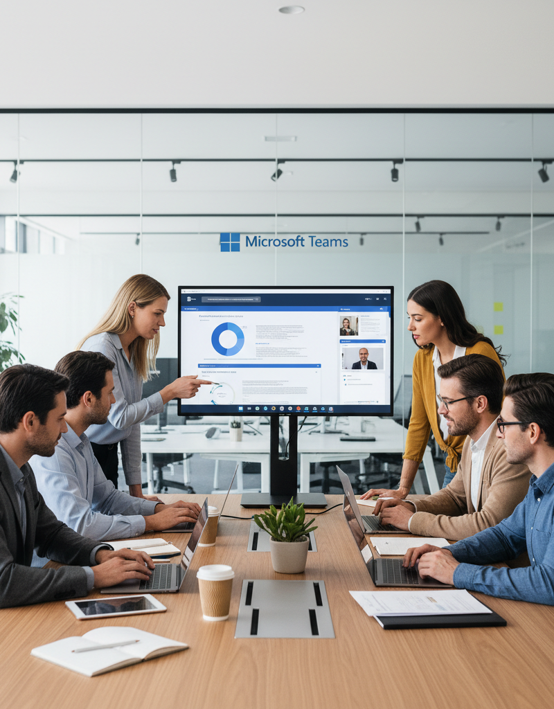 Team members collaborating on a project using Microsoft Teams on multiple devices in a modern office setting, emphasizing teamwork and productivity.