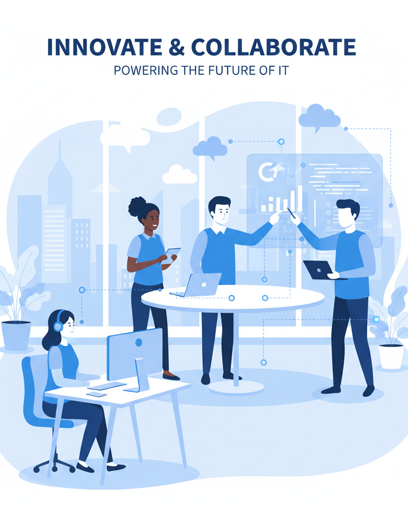 A diverse group of employees working collaboratively in a modern office space, using laptops, tablets, and large interactive displays. The atmosphere is bright and open, promoting creativity and teamwork.