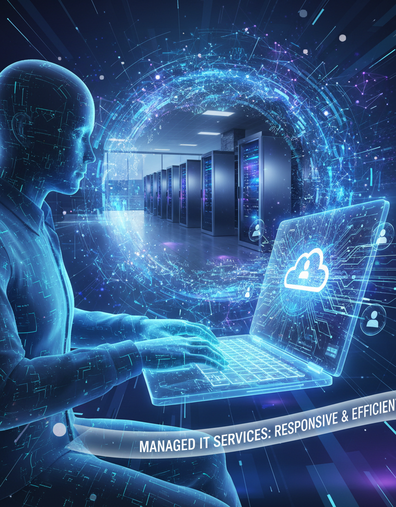A technician providing remote IT support via a laptop, showcasing the responsiveness and efficiency of managed IT services. The background includes a modern office environment with server racks.