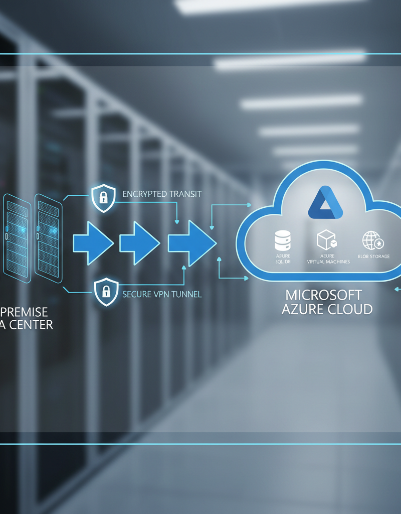 A network diagram showing data migrating from on-premise servers to the Azure cloud, with arrows indicating data flow and security icons highlighting protection during transit.