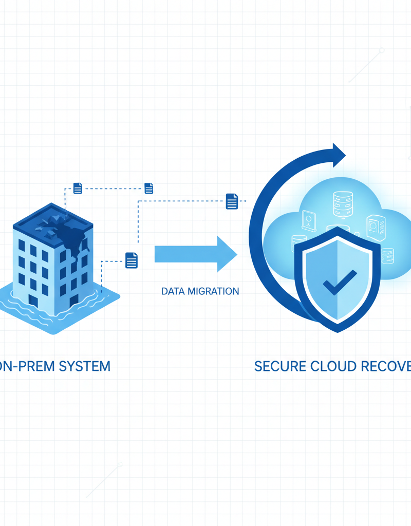 A visual representation of a disaster recovery scenario, showing a building affected by a flood, with data being seamlessly recovered to the cloud.