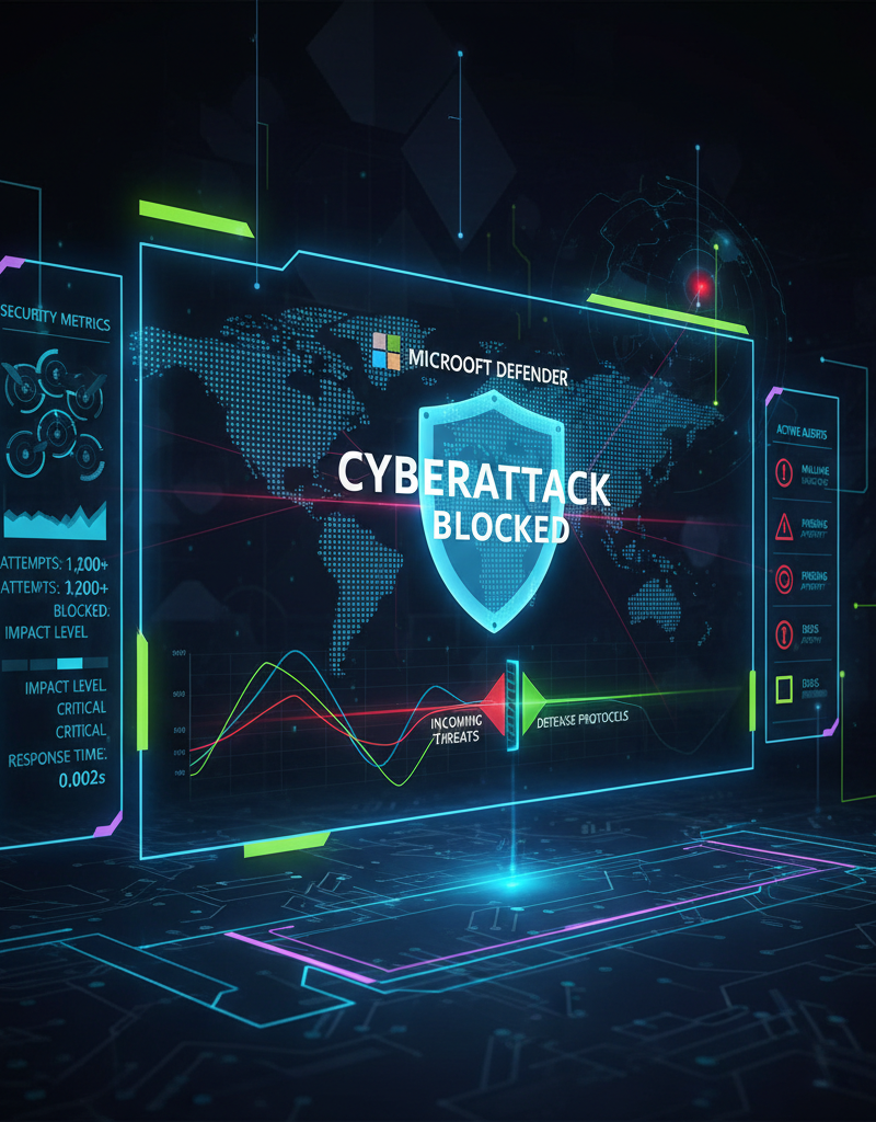 A dashboard showing Microsoft Defender detecting and blocking a cyberattack, with various security metrics and alerts displayed.