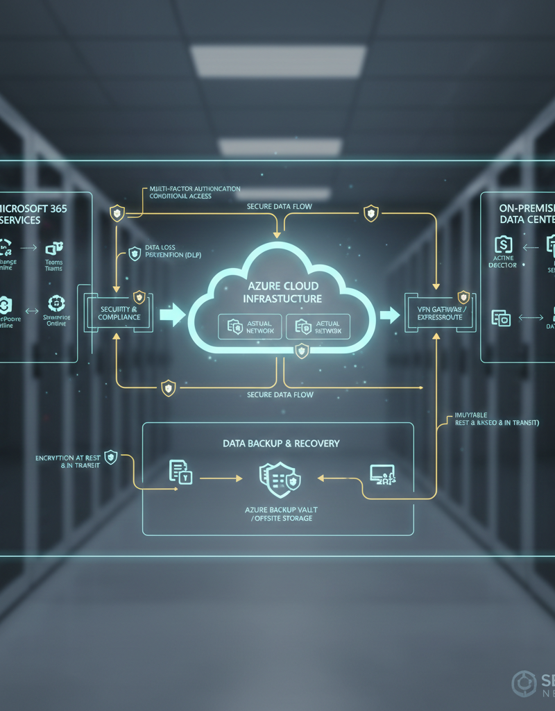 A network diagram showing secure data flow between Microsoft 365 services, Azure cloud, and on-premises infrastructure, highlighting cybersecurity measures and data backup processes