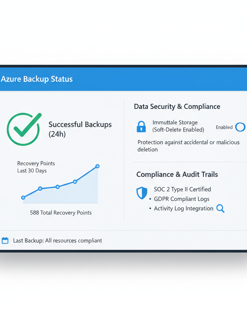 Screenshot of the Azure Backup interface showing successful backup jobs and recovery points, with a focus on data security and compliance features