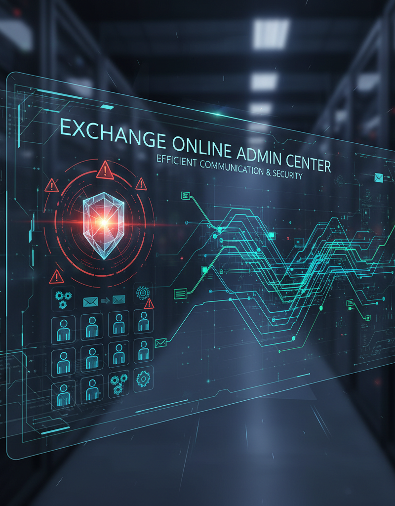 Dashboard view of Exchange Online admin center, showcasing email traffic, security alerts, and user management options, emphasizing efficient communication and security