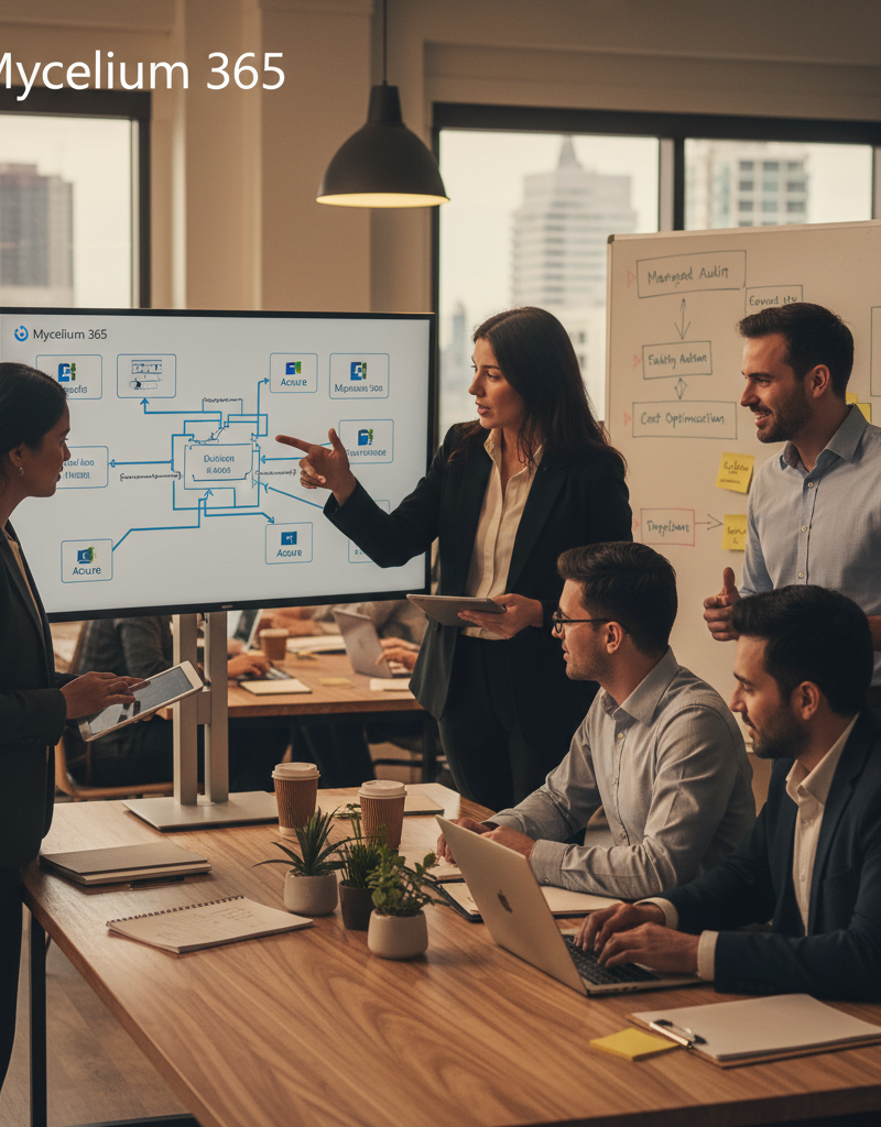 Mycelium 365 team working collaboratively in a modern office environment, showcasing expertise in Microsoft 365 and Azure solutions, highlighting the benefits of managed IT services