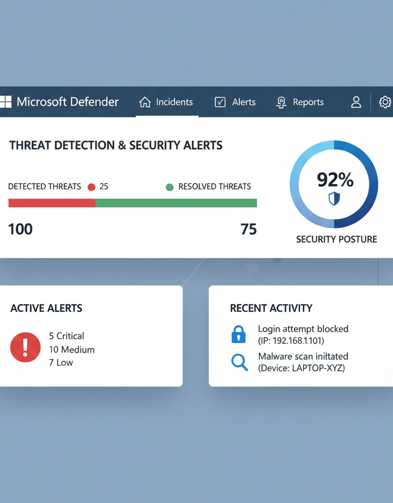 Screenshot of the Microsoft Defender dashboard, highlighting threat detection and security alerts.
