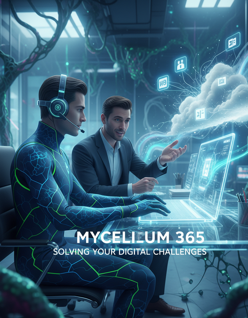 A Mycelium 365 technician assisting a client with a Microsoft 365 issue, using a laptop and headset in a modern office setting.