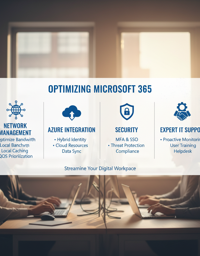 Infographic summarising the key steps to optimising Microsoft 365: Network Management, Azure Integration, Security, and Expert IT Support.