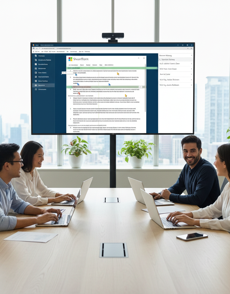 Team members collaborating on a document in SharePoint, showcasing real-time co-authoring and version control.