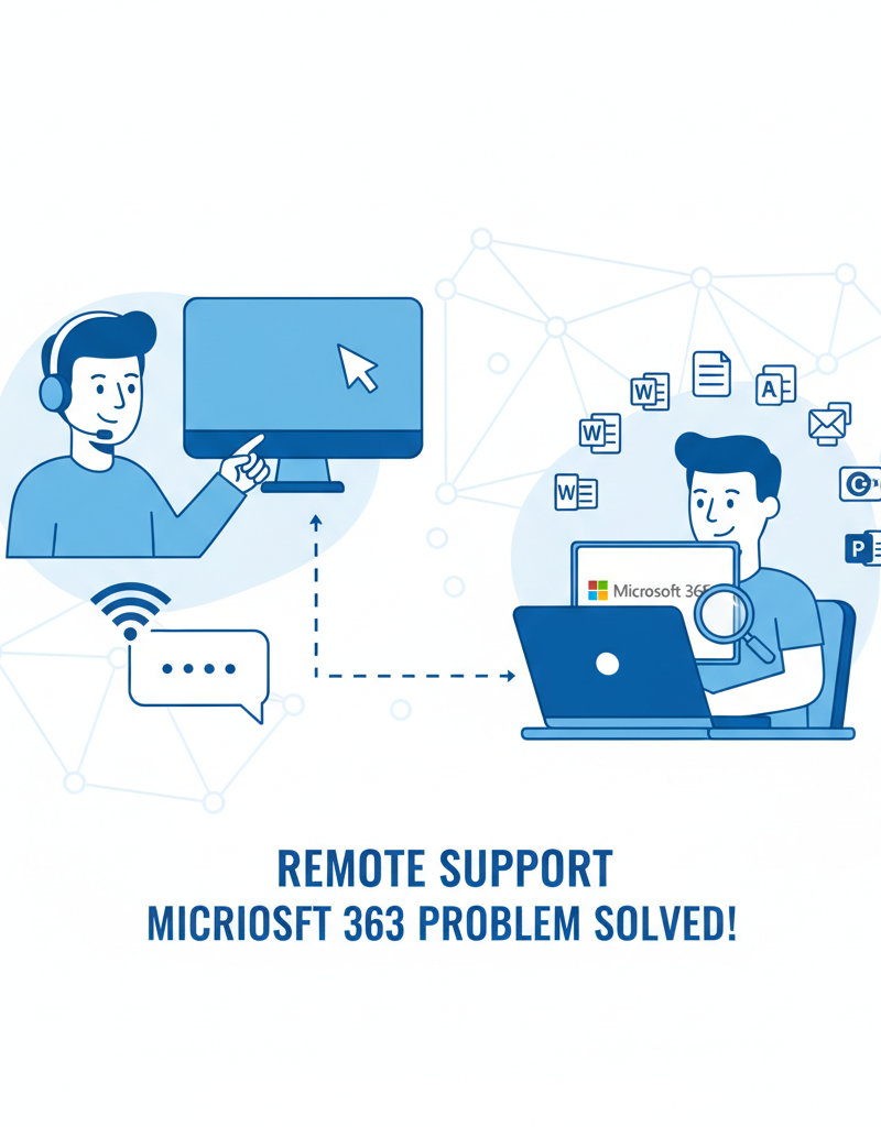 A friendly IT support technician assisting a user with a Microsoft 365 issue, showcasing remote support and problem-solving.