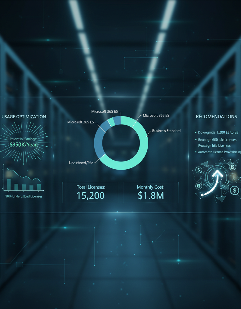 A dashboard showcasing Microsoft 365 license usage and cost optimisation opportunities, highlighting potential savings.