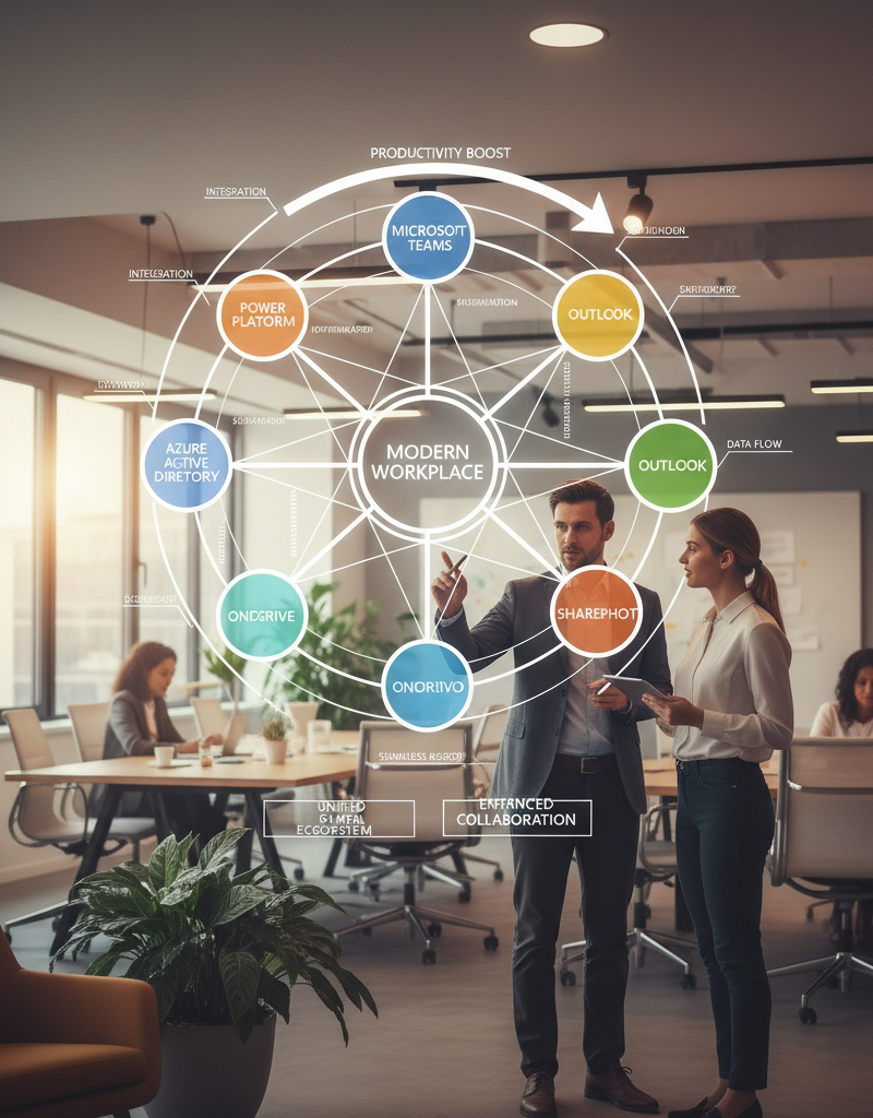 A diagram illustrating the interconnectedness of various Microsoft 365 services, emphasizing the importance of integration and optimisation for a seamless modern workplace.