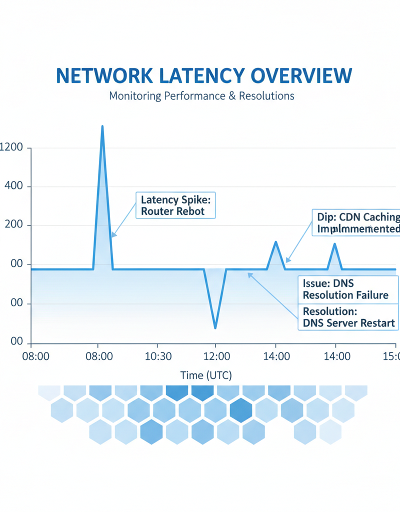 Graph displaying network latency over time, showing spikes and dips, with annotations indicating potential issues and resolutions.