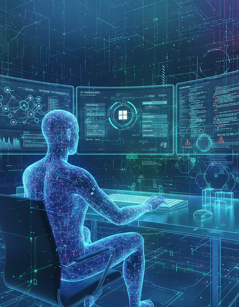 IT professional working on network configuration with multiple monitors displaying network monitoring data and Microsoft 365 settings.