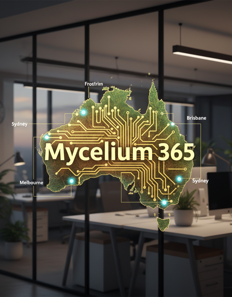 Mycelium 365 logo with a map of Australia in the background, highlighting office locations in Melbourne, Sydney, Perth, and Brisbane.