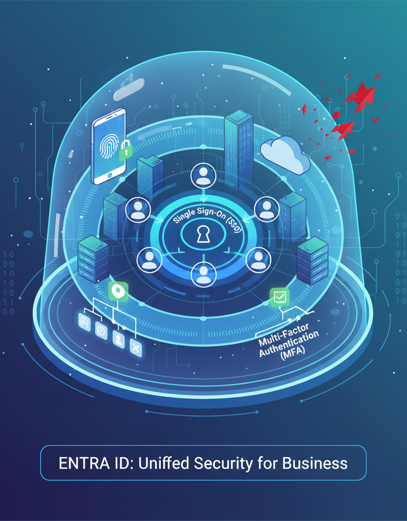 Illustration of Entra ID features including single sign-on, multi-factor authentication, and conditional access, highlighting the security benefits for a business environment.