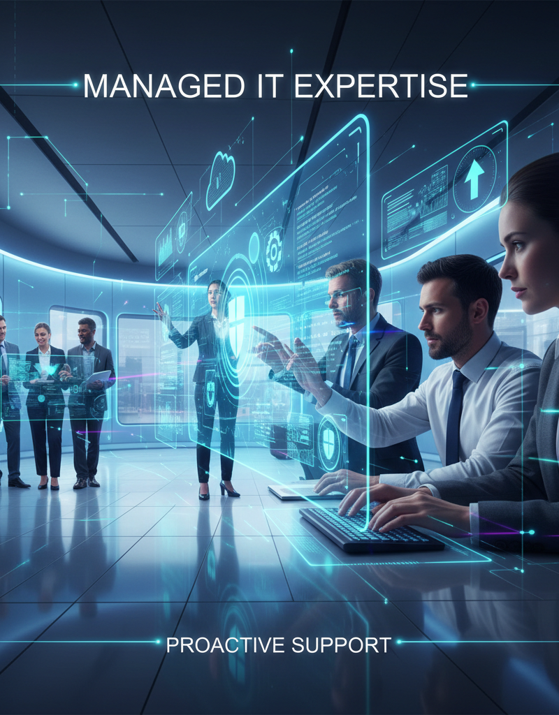 A team of IT professionals collaborating in a modern office environment, demonstrating the expertise and support provided by a managed IT service provider.