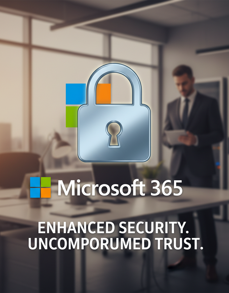 A padlock icon superimposed on the Microsoft 365 logo, visually representing the enhanced security provided by a well-managed Microsoft 365 environment.