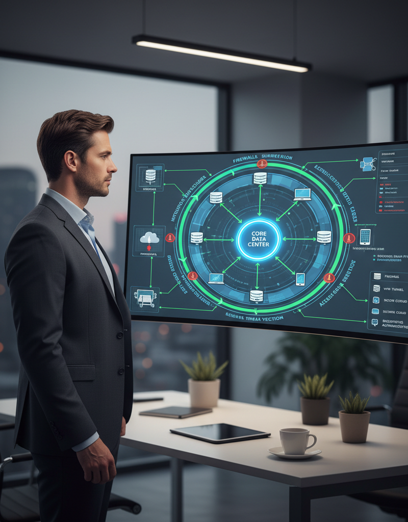 Business professional reviewing a network diagram on a large monitor in a modern office, focusing on security protocols and data flow.