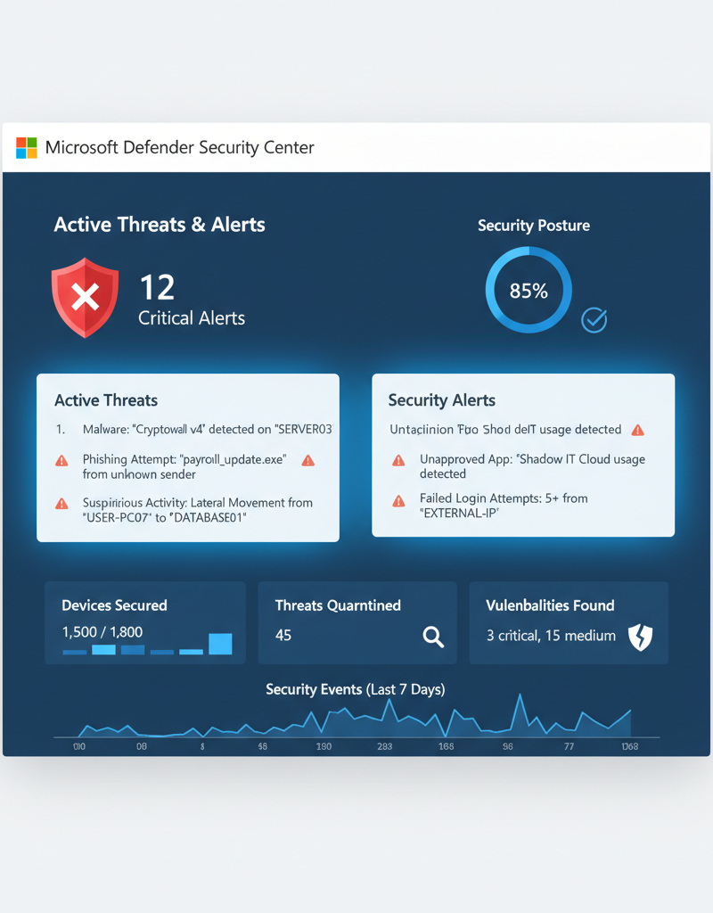 Screenshot of the Microsoft Defender dashboard, highlighting active threats and security alerts within a business network.