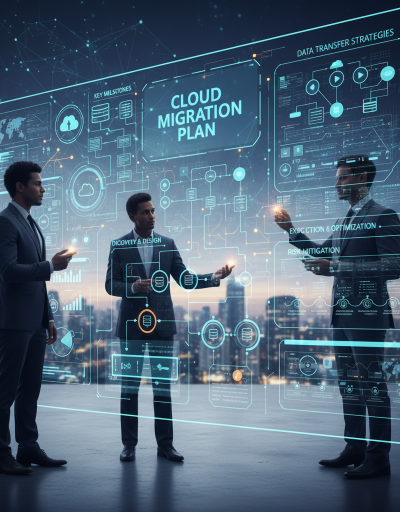 Office workers collaborating on a cloud migration plan using a digital whiteboard, highlighting key milestones and data transfer strategies.