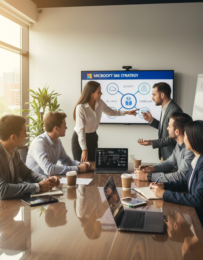 A diverse team of IT professionals collaborating around a table, discussing Microsoft 365 strategy and cybersecurity measures, with a focus on client satisfaction.