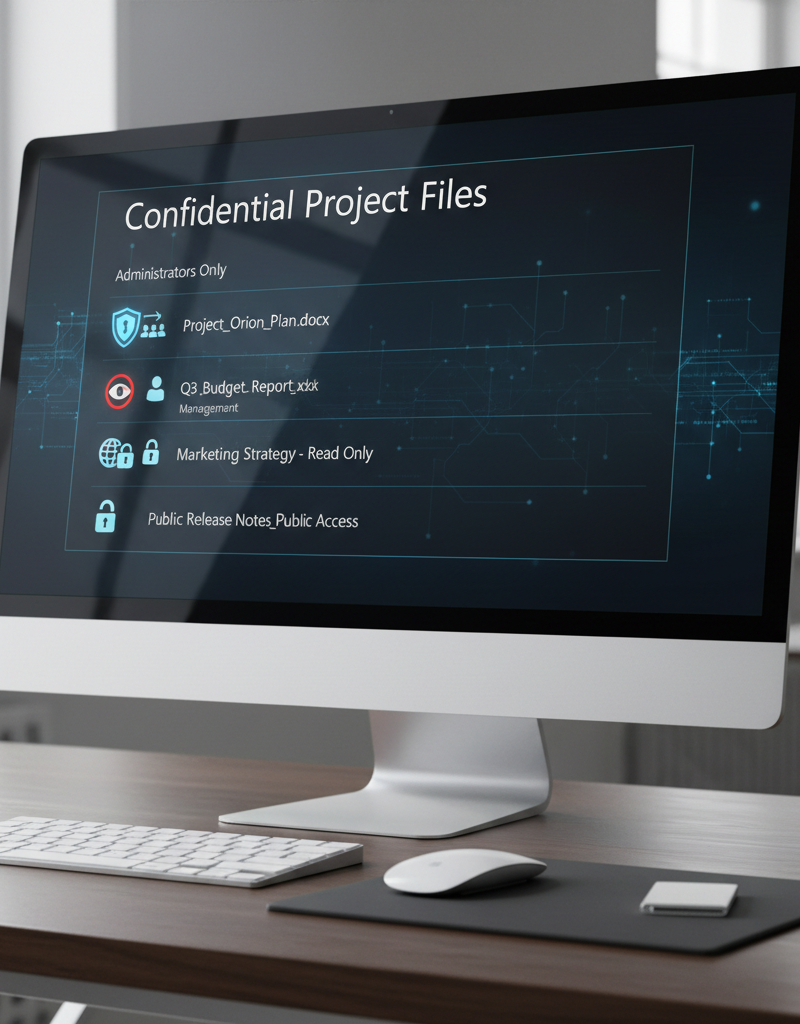 A secure SharePoint document library with various access control icons overlaid.