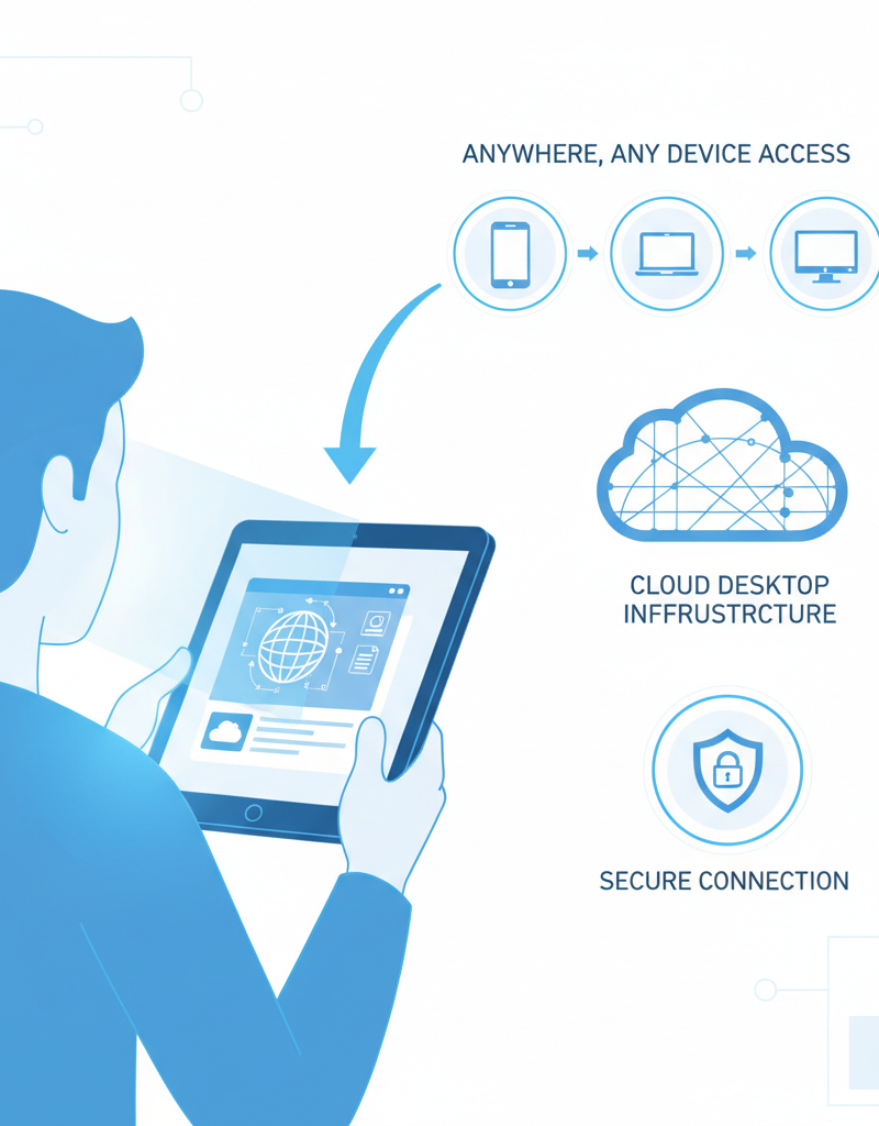 A user securely accessing a virtual desktop on a tablet, showcasing the anywhere, any device access.