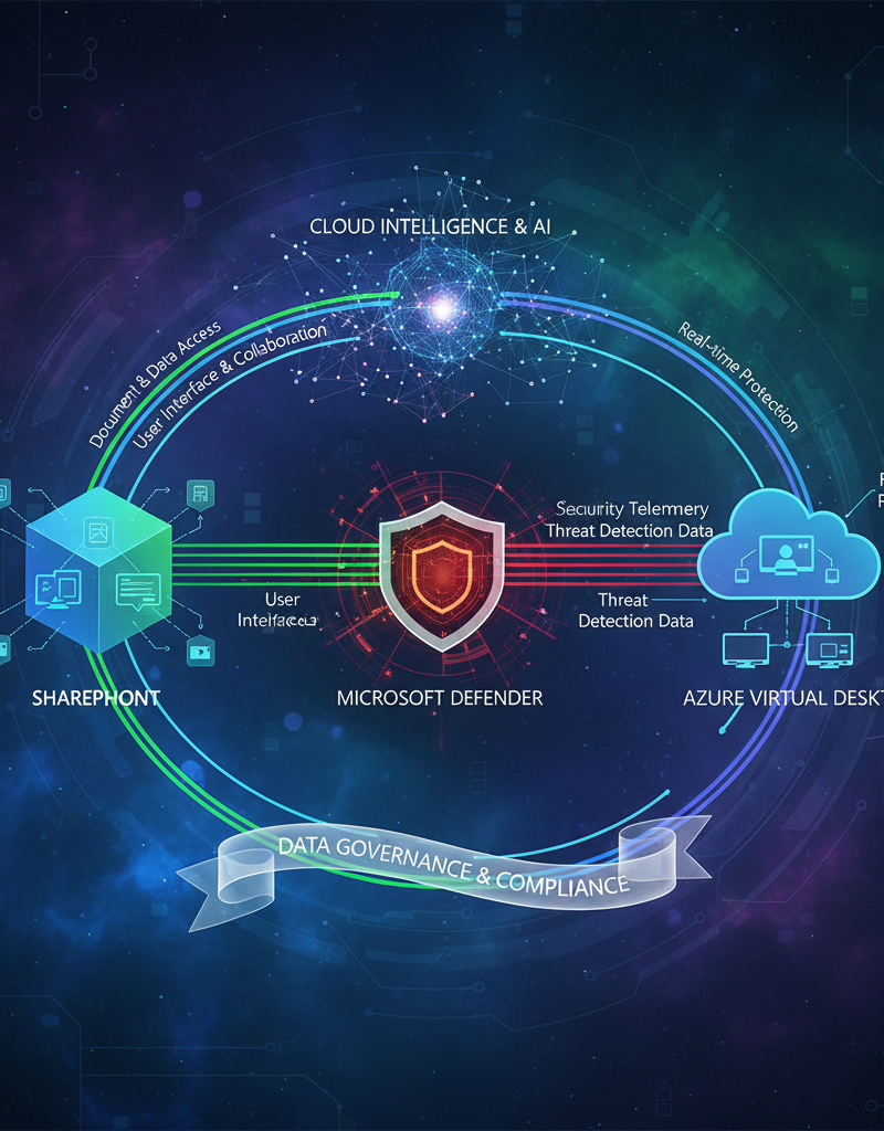 A diagram illustrating the integration of SharePoint, Microsoft Defender, and Azure Virtual Desktop, highlighting the flow of data and security measures.
