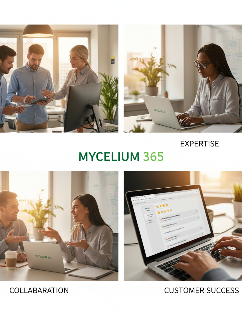 A collage of Mycelium 365 team members working on laptops and collaborating in a modern office environment, showcasing their expertise and focus on customer success.