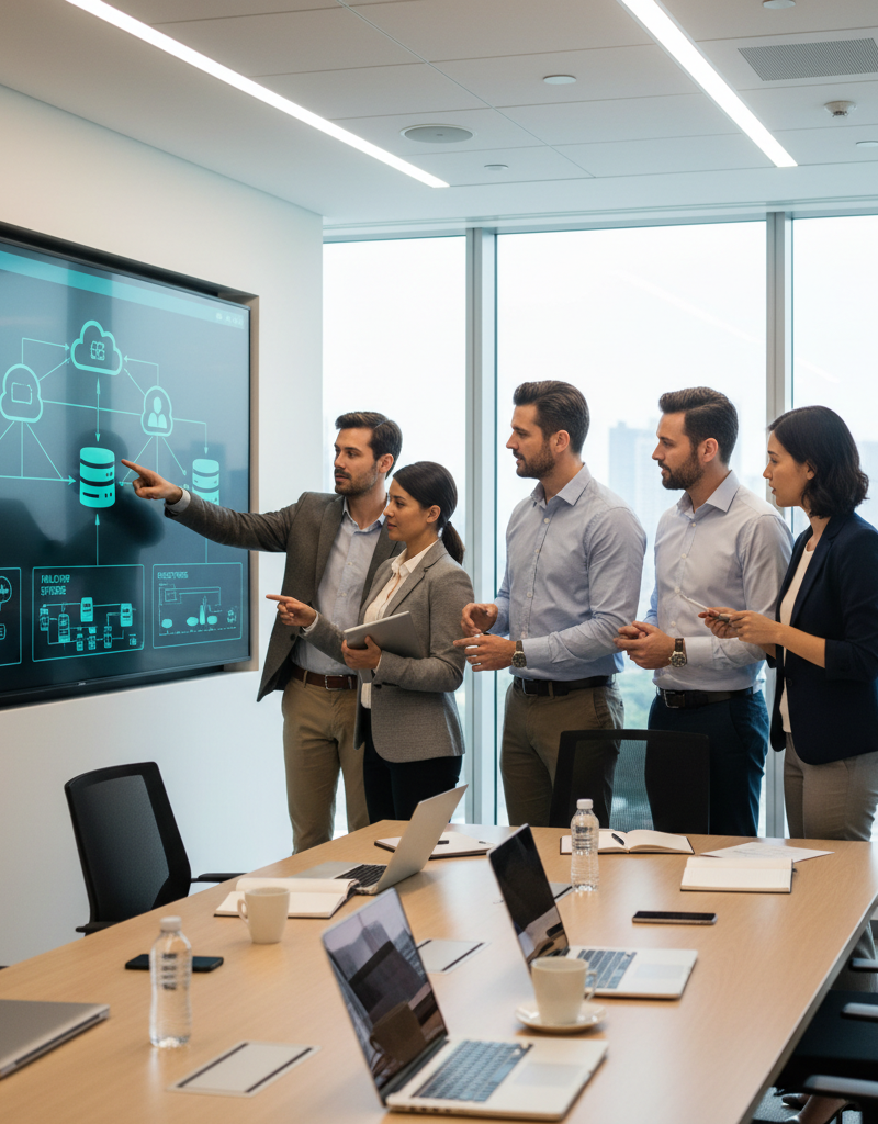 A team of IT professionals collaborating on a disaster recovery plan, reviewing network diagrams and data backup procedures in a modern office setting.