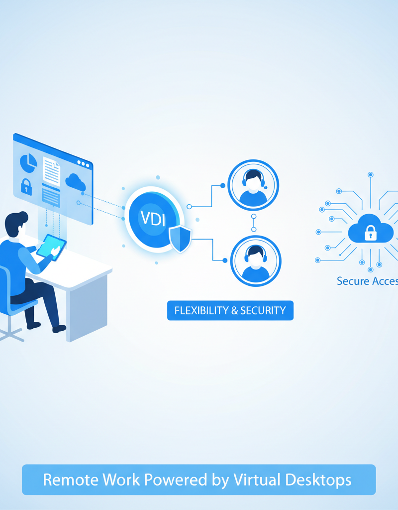 An employee working remotely on a virtual desktop, accessing business applications and collaborating with colleagues through video conferencing, highlighting the flexibility and security of VDI.