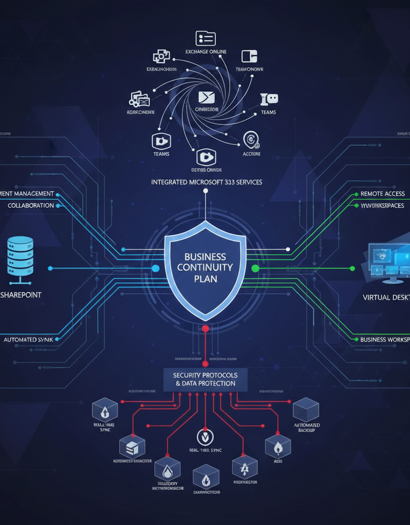 A diagram illustrating the integration of SharePoint, Virtual Desktop, and other Microsoft 365 services within a comprehensive business continuity plan, showcasing data flow and security protocols.