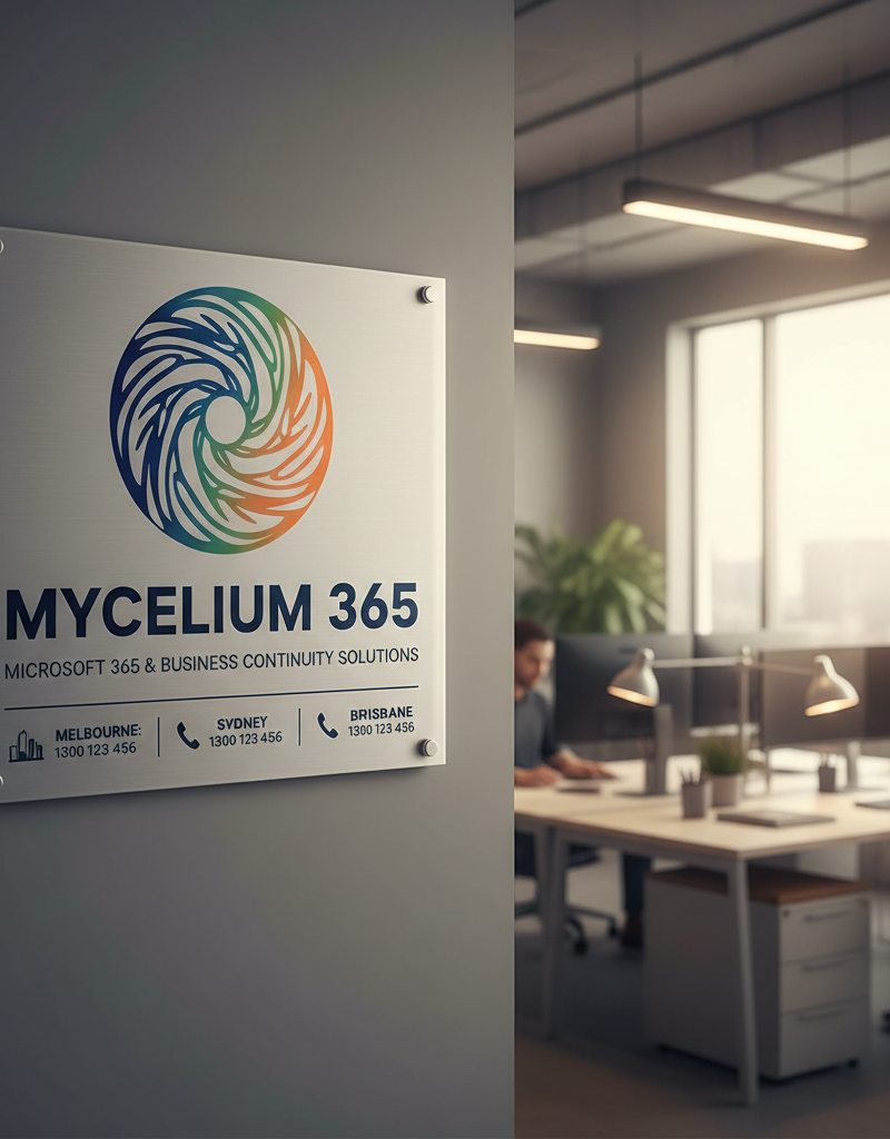Mycelium 365 logo with contact information for Melbourne, Sydney, Perth, and Brisbane offices, emphasizing their expertise in Microsoft 365 and business continuity solutions.