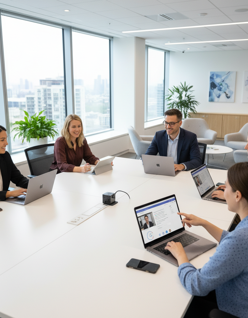A team collaborating on a document using Microsoft Teams on various devices (laptops, tablets, and smartphones). The background shows a modern office environment.