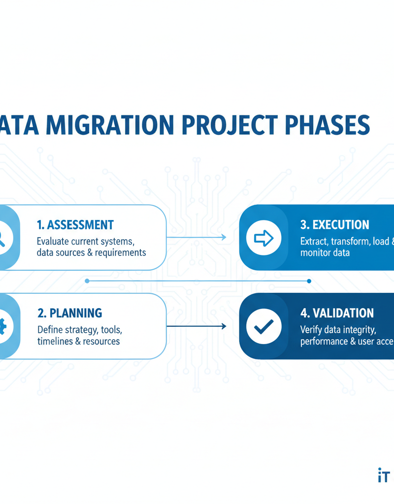 A diagram showing the different phases of a data migration project, including assessment, planning, execution, and validation.