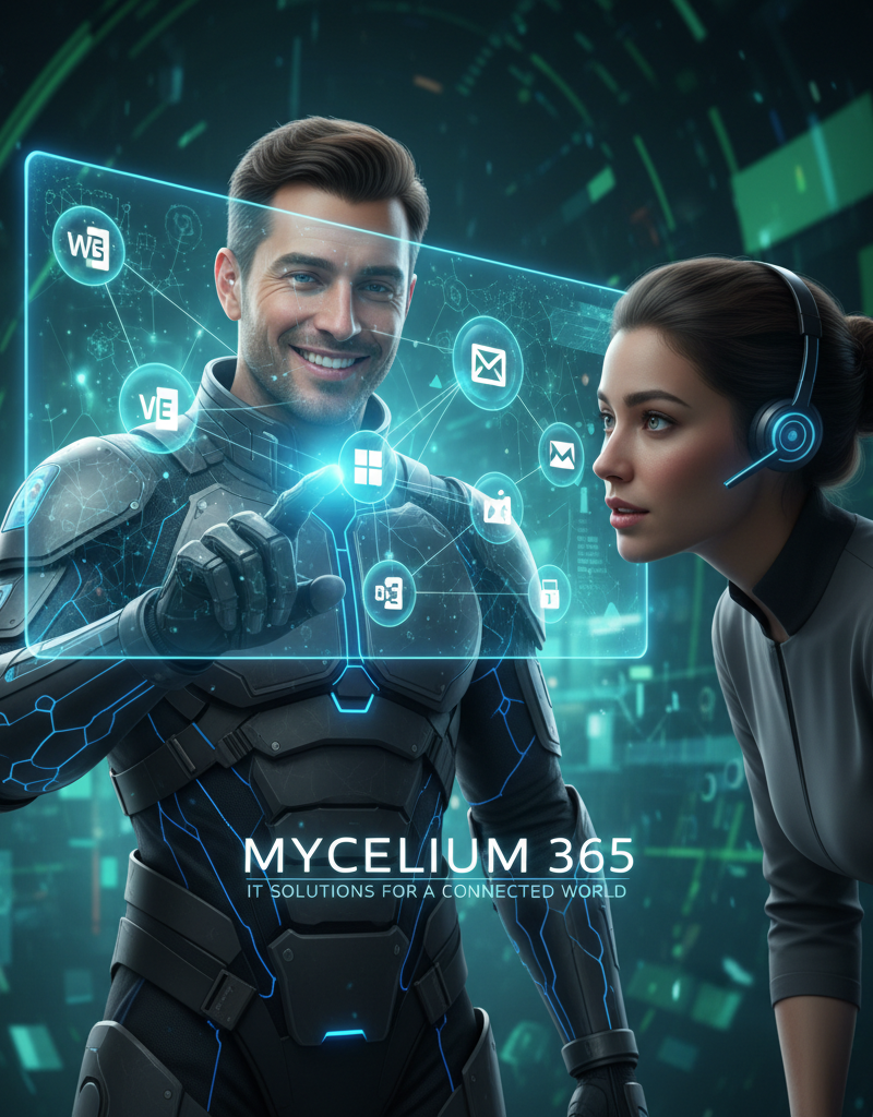 A Mycelium 365 IT support engineer assisting a client with their Microsoft 365 setup. The engineer is smiling and pointing to a screen, while the client is listening attentively.