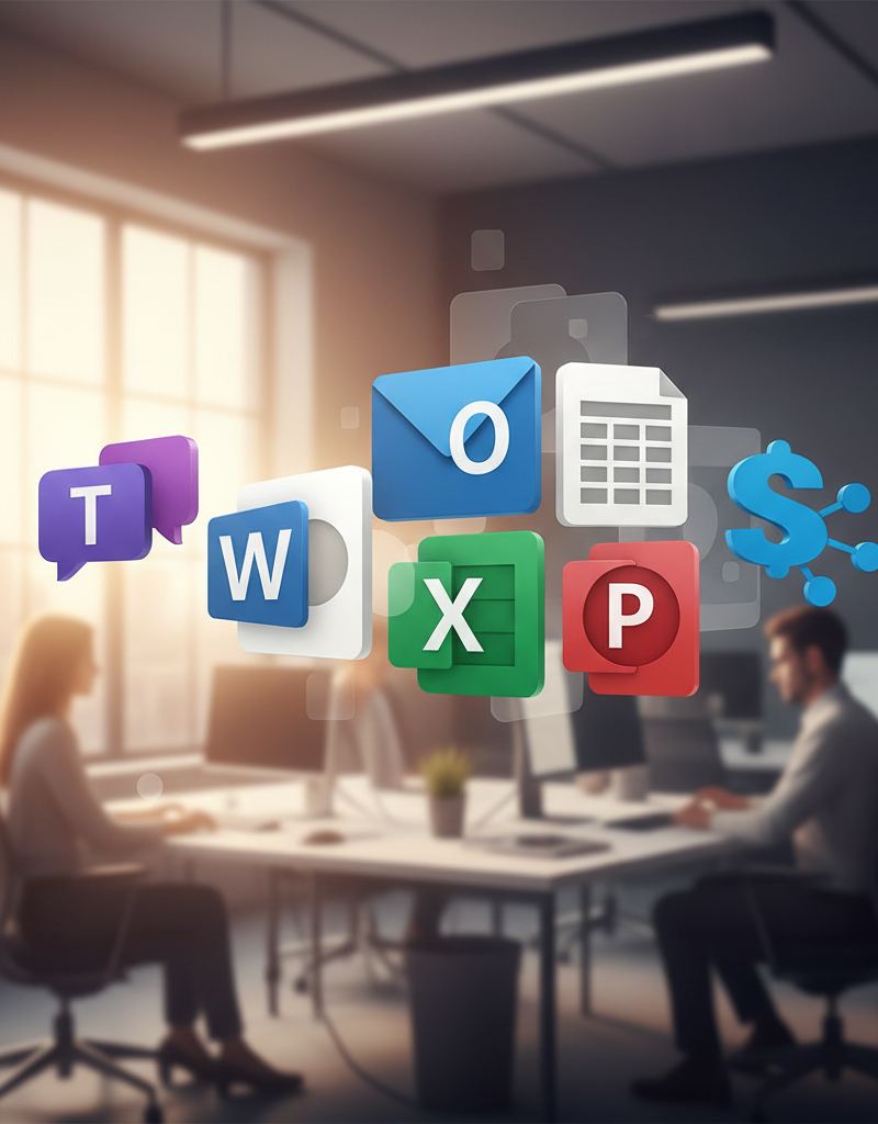 A collage of Microsoft 365 application icons, including Teams, Outlook, Word, Excel, PowerPoint, and SharePoint. The icons are arranged in a visually appealing pattern.