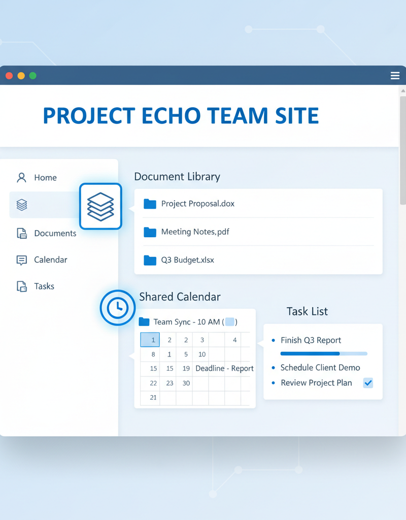 Screenshot of a SharePoint team site, highlighting document libraries, shared calendars, and task lists.